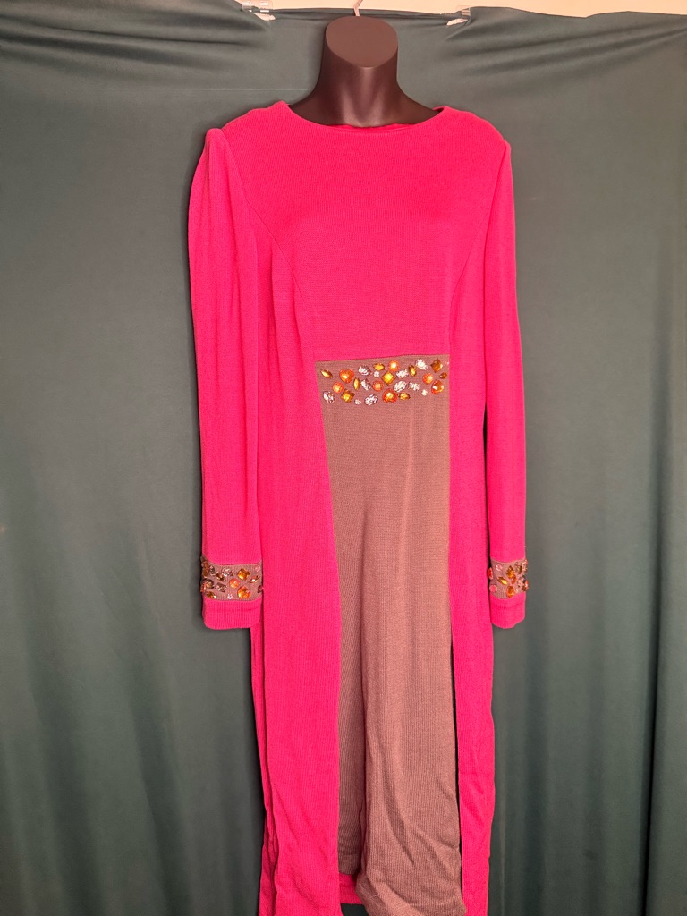 Long Sleeve Pink And Brown Embellished Women's Lightweight Knit Dress
